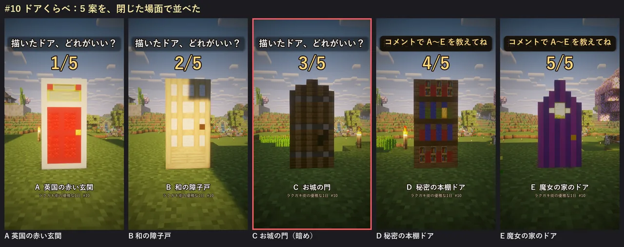 草原に壁なしで立っている 5 種類の描いたドアを並べた画像