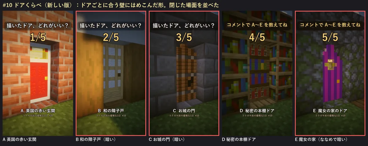 直した後のドアくらべ。5 つのドアがそれぞれ合う壁にはめこまれている