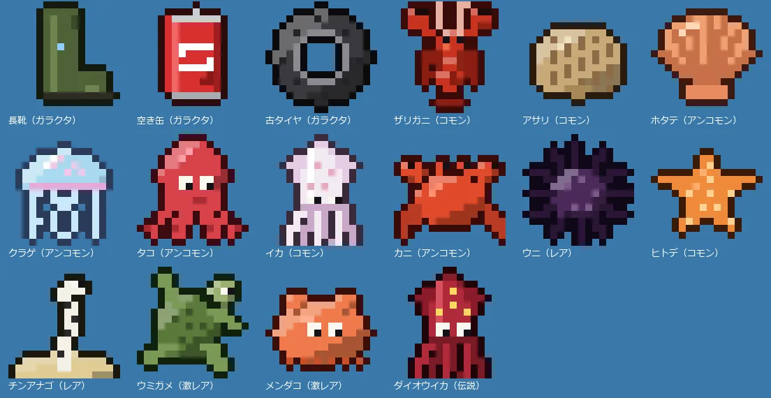 長靴・空き缶・古タイヤ・ザリガニ・クラゲ・タコ・ウミガメ・ダイオウイカなどのドット絵